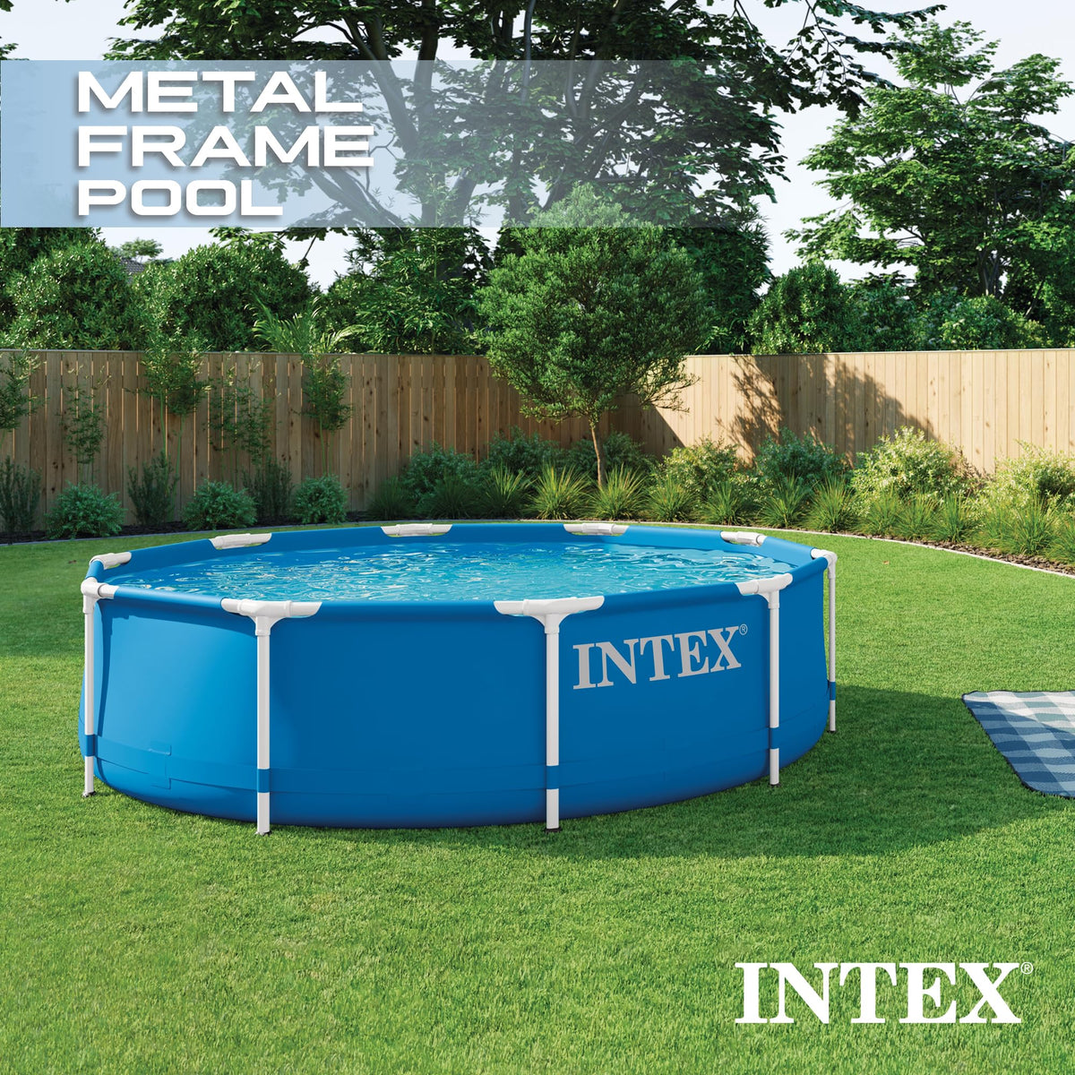 Intex pool water filling shows 1,185-gallon capacity for family use.