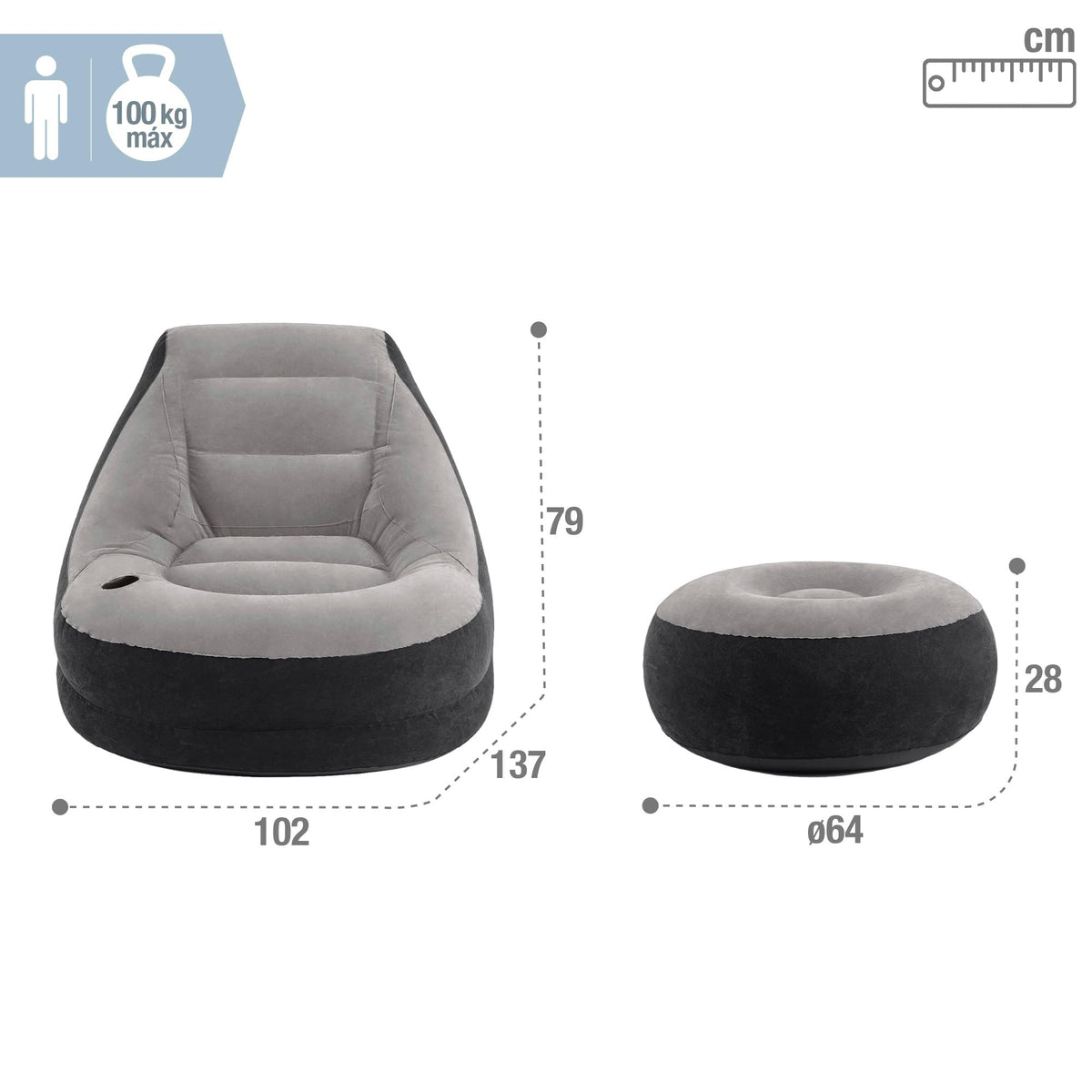 Intex Ultra Lounge chair showing 2-in-1 valve for quick inflation and deflation.
