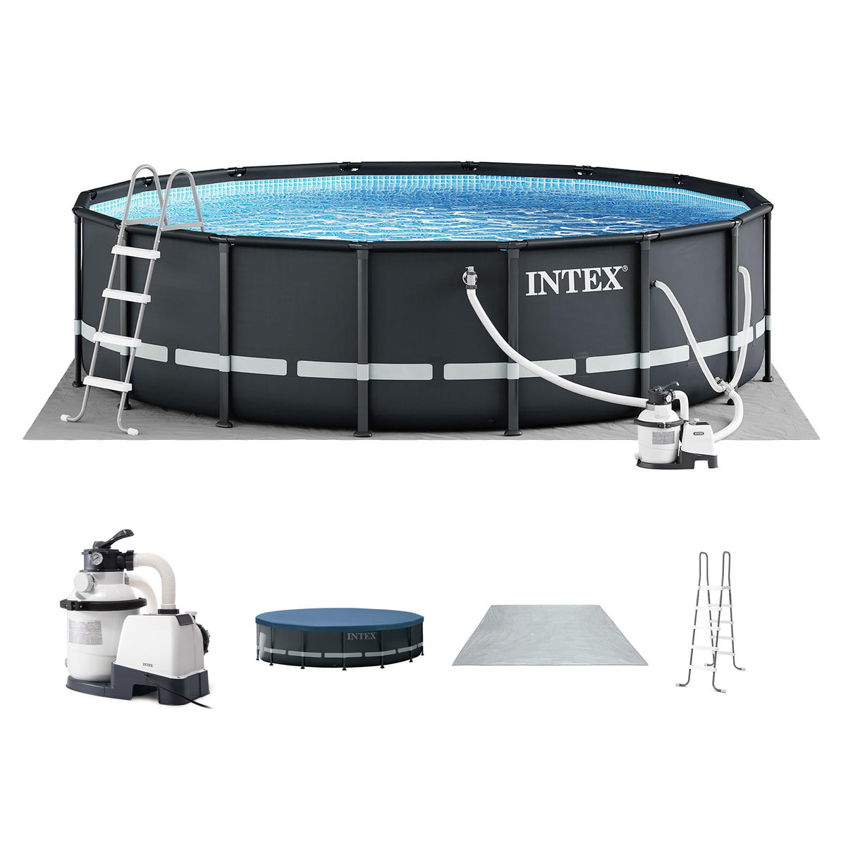 Intex Ultra XTR Deluxe pool exterior shows the 16ft by 48in size for backyard fun