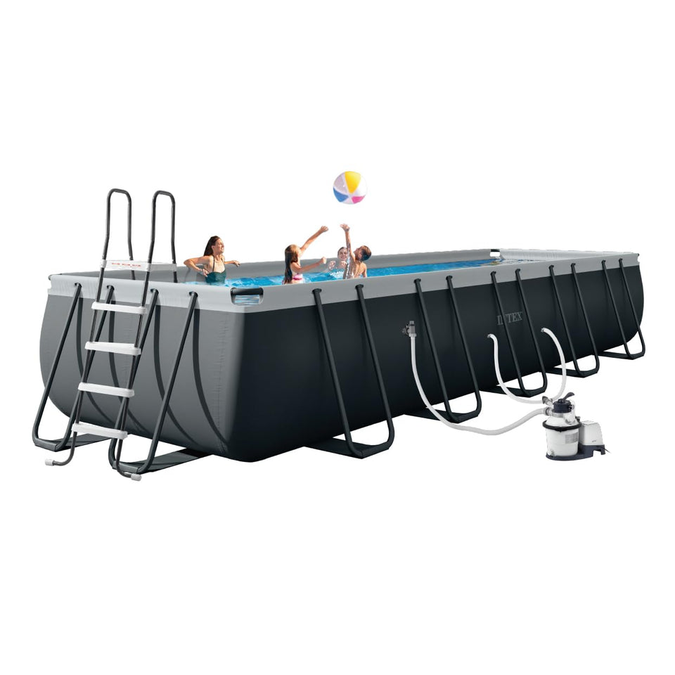 Intex Ultra XTR Deluxe pool setup shows sturdy frame for easy assembly and durability.
