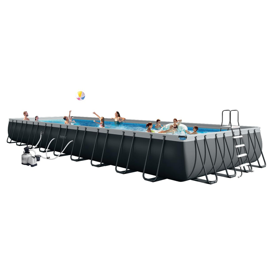 Intex Ultra XTR pool frame assembly shows sturdy galvanized steel for durable setup.