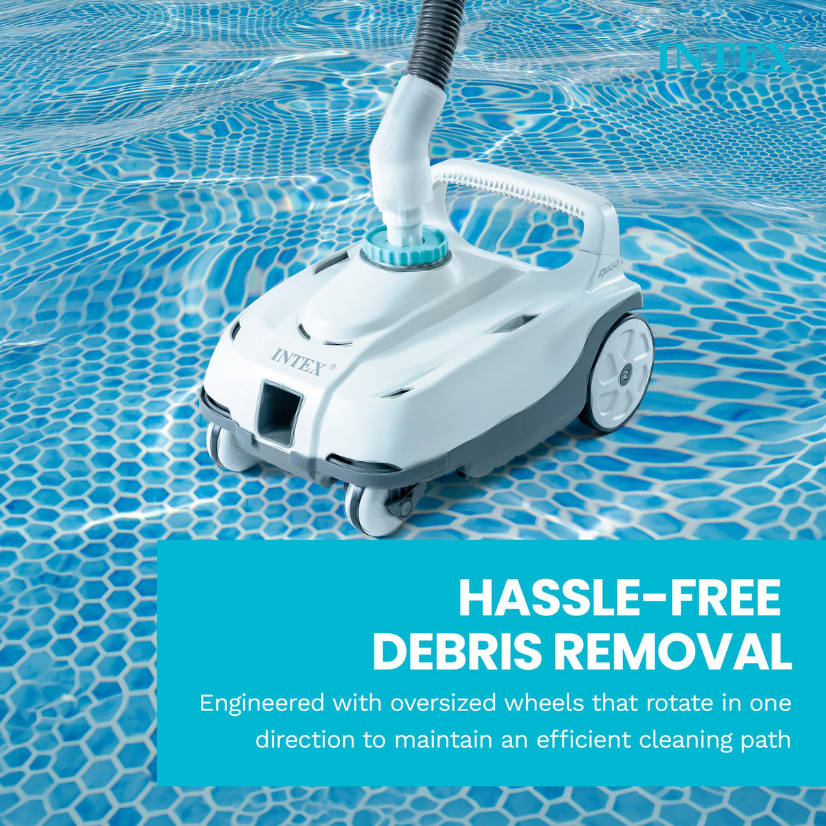 Hose elbow and swivel on Intex ZX100 prevent tangling during cleaning