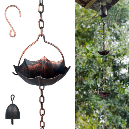 Invech rain chain with umbrella cups, 12-cup design for elegant eaves drainage.