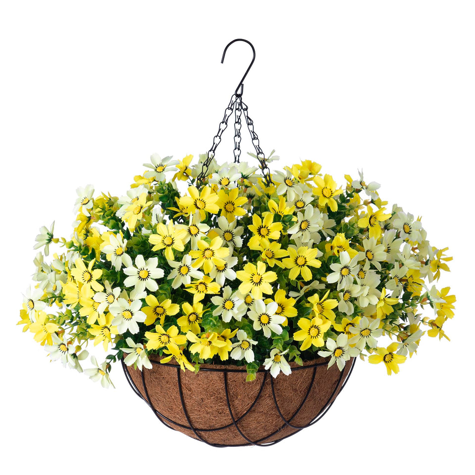 INXUGAO artificial daisy hanging basket yellow for year-round outdoor decor