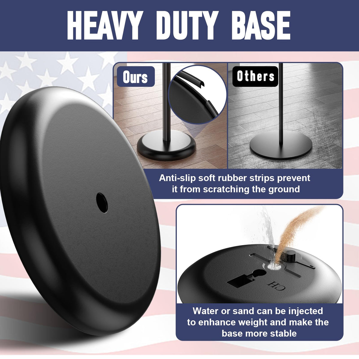 IOEN heavy base with non-slip ring protecting floors during events.