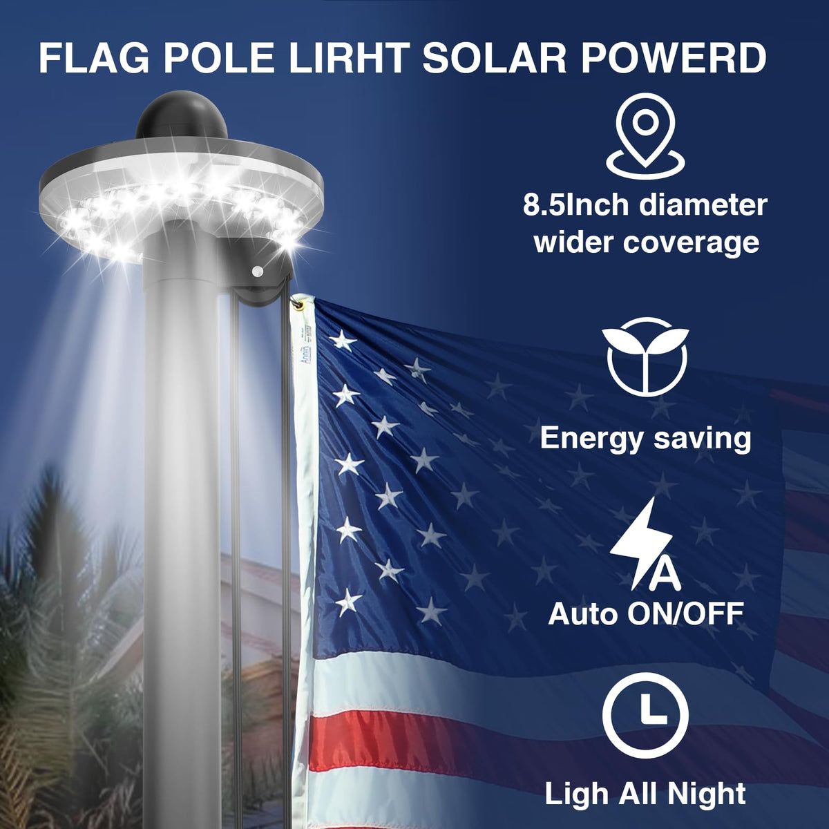 IOEN solar flag light 8.7-inch provides dusk-to-dawn visibility.