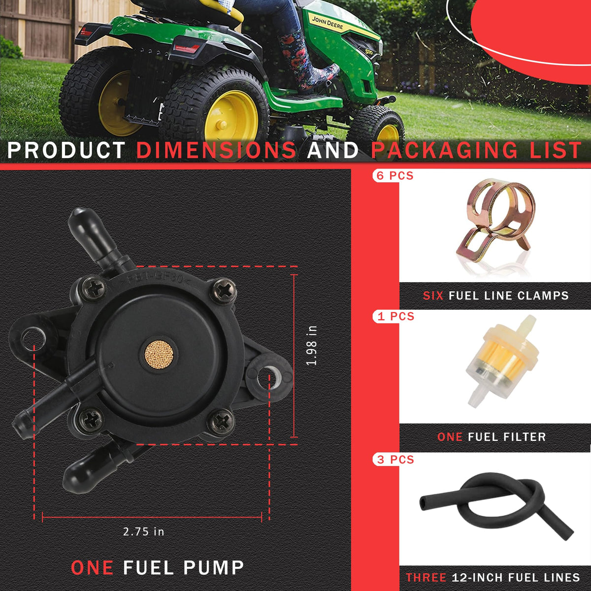 Ionela John Deere riding mower fuel pump fit promotes consistent fueling.