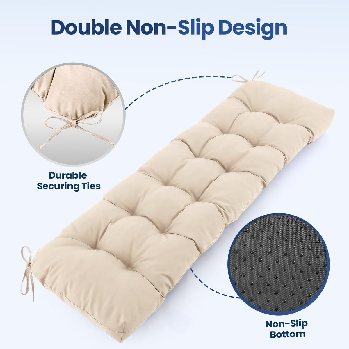 IASEAHK cushion strapped with two secure straps stays in place on the bench