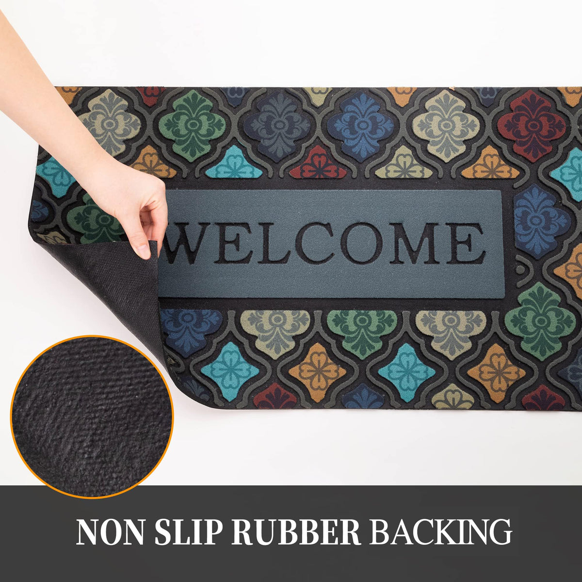 iouwy non-slip rubber back keeps the mat in place on slick floors.