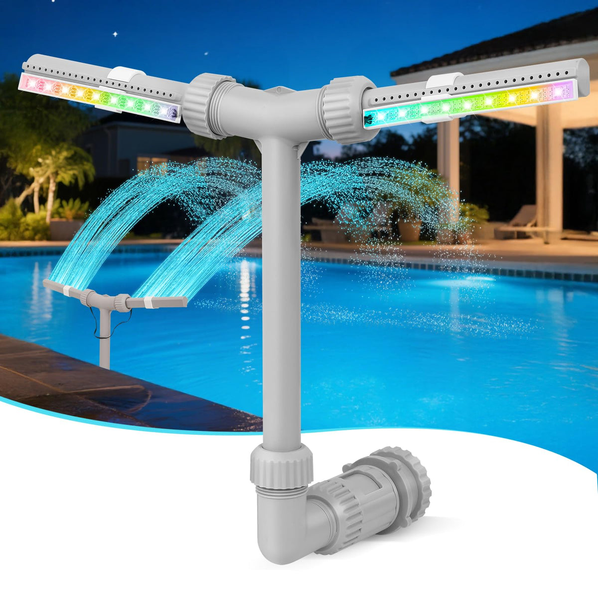 IPOOLTENG pool fountain with lights demonstrates easy assembly for instant pool ambiance