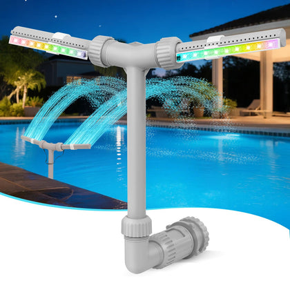 IPOOLTENG pool fountain with lights demonstrates easy assembly for instant pool ambiance