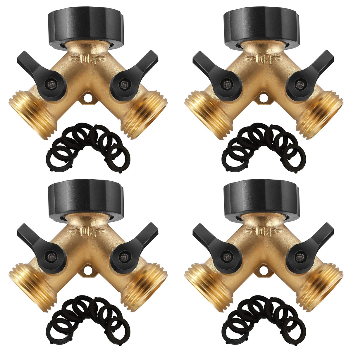 IPOW brass heavy-duty 2-way Y valve garden hose splitter demonstrating leak-free operation.