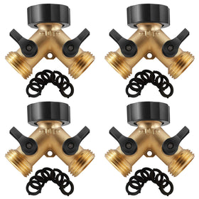 IPOW brass heavy-duty 2-way Y valve garden hose splitter demonstrating leak-free operation.