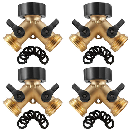IPOW brass heavy-duty 2-way Y valve garden hose splitter demonstrating leak-free operation.