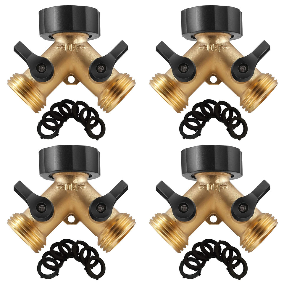 IPOW brass heavy-duty 2-way Y valve garden hose splitter demonstrating leak-free operation.