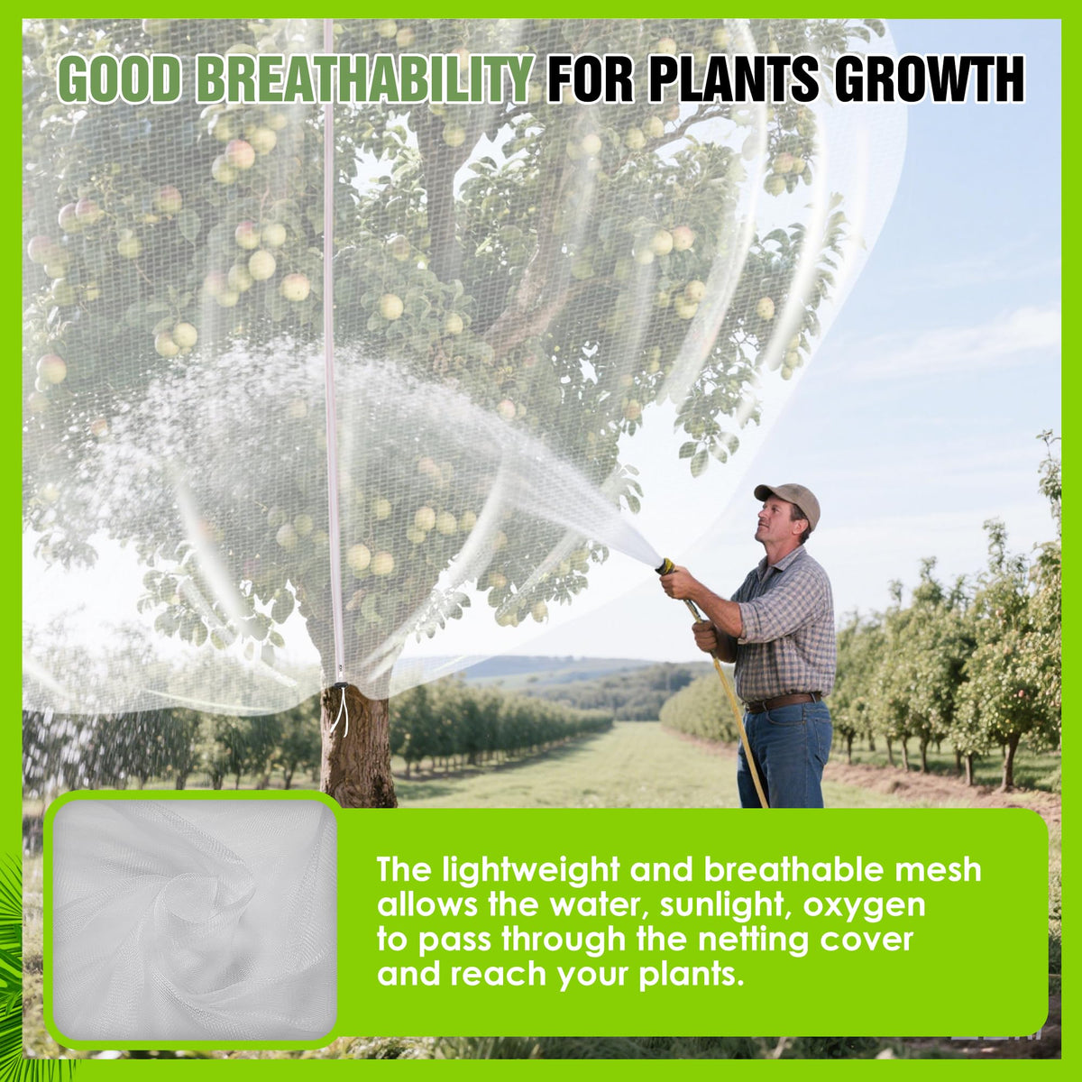 IPOW netting covers cherry, peach, and apple trees to help protect harvests from pests.