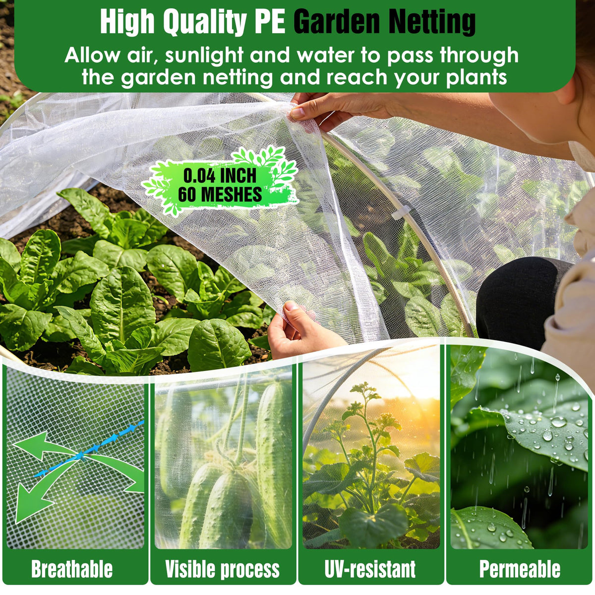 IPOW 10x60ft netting supports long rows of vegetables with breathable coverage.