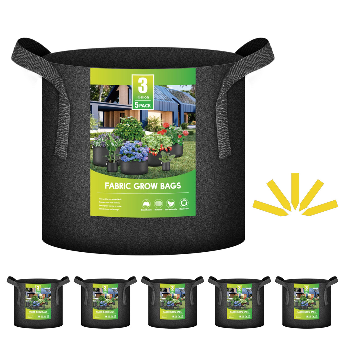 iPower 5-pack 3-gallon grow bags with sturdy handles for easy transplanting.