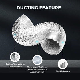 iPower ducting close-up shows reinforced wire helix in aluminum vent hose.
