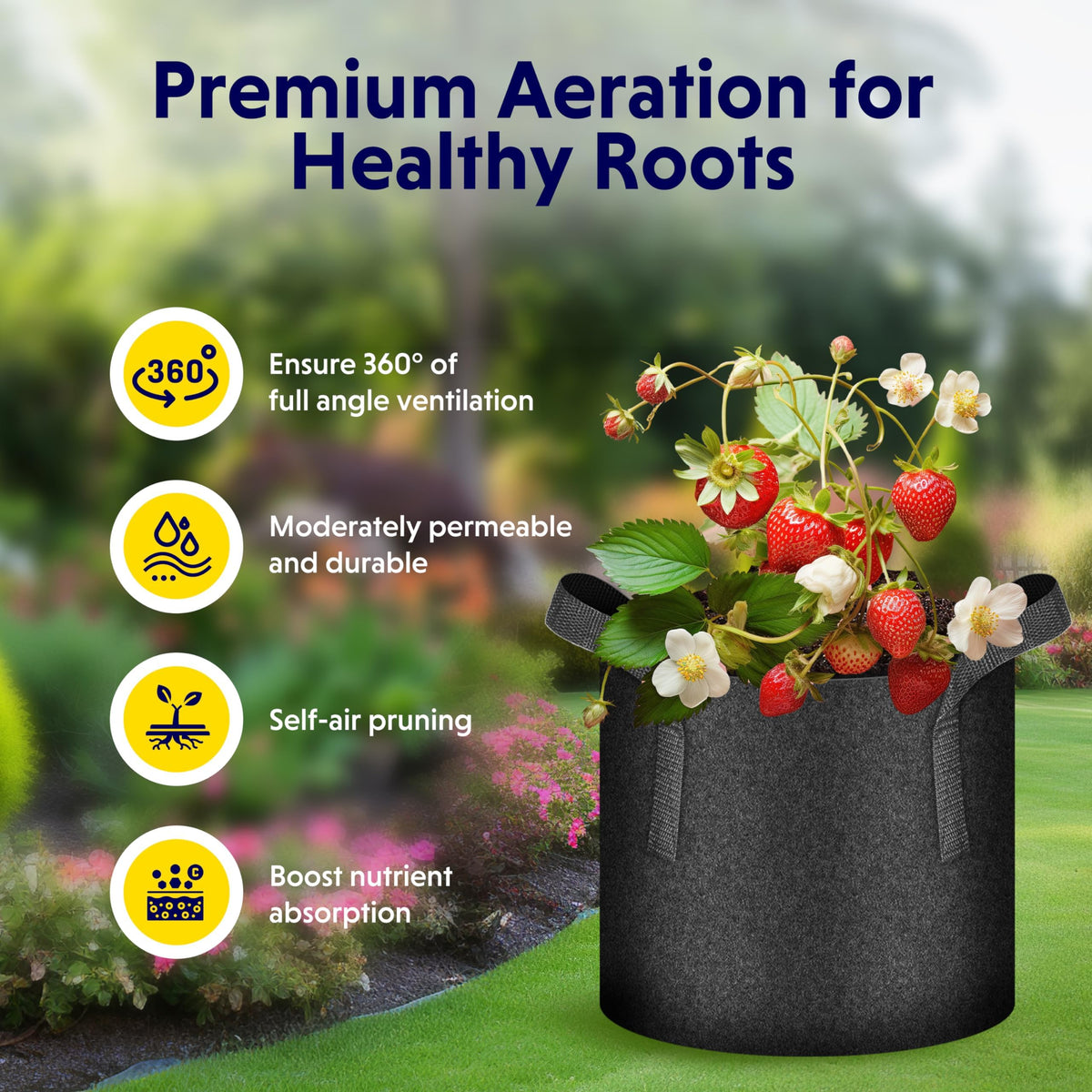 iPower grow bags in a garden setting for vegetables and flowers