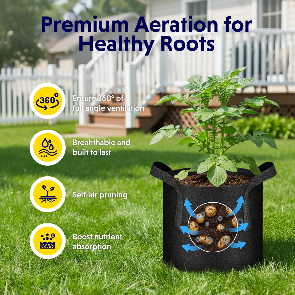 iPower thickened 300g nonwoven fabric close-up showing durable, reusable garden pots.
