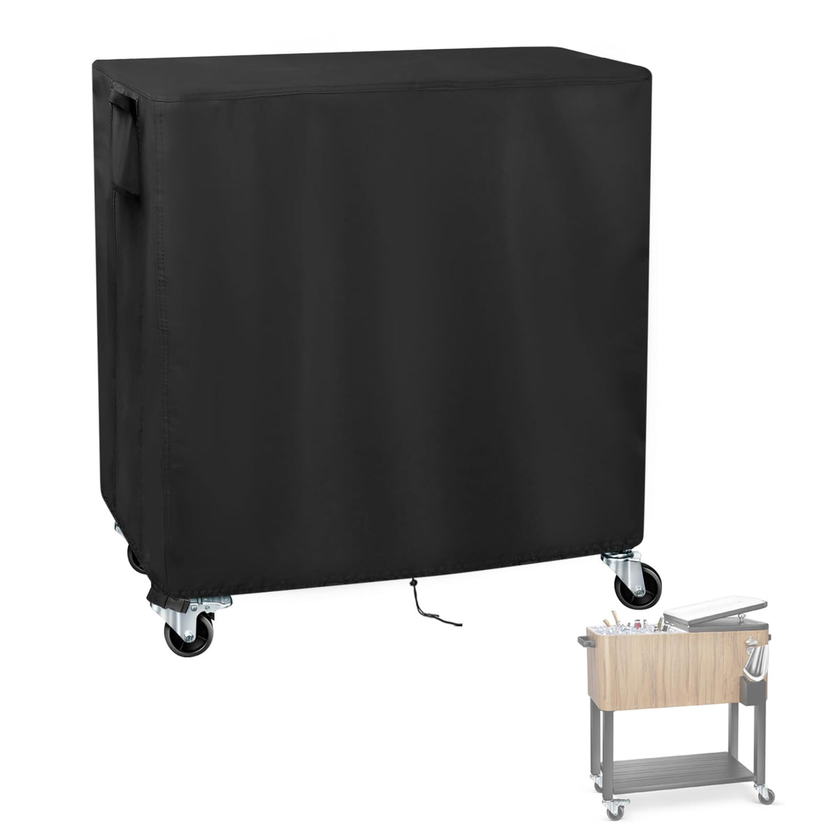 Iptienda outdoor cooler cover on wheels protects a patio cooler from rain and sun.