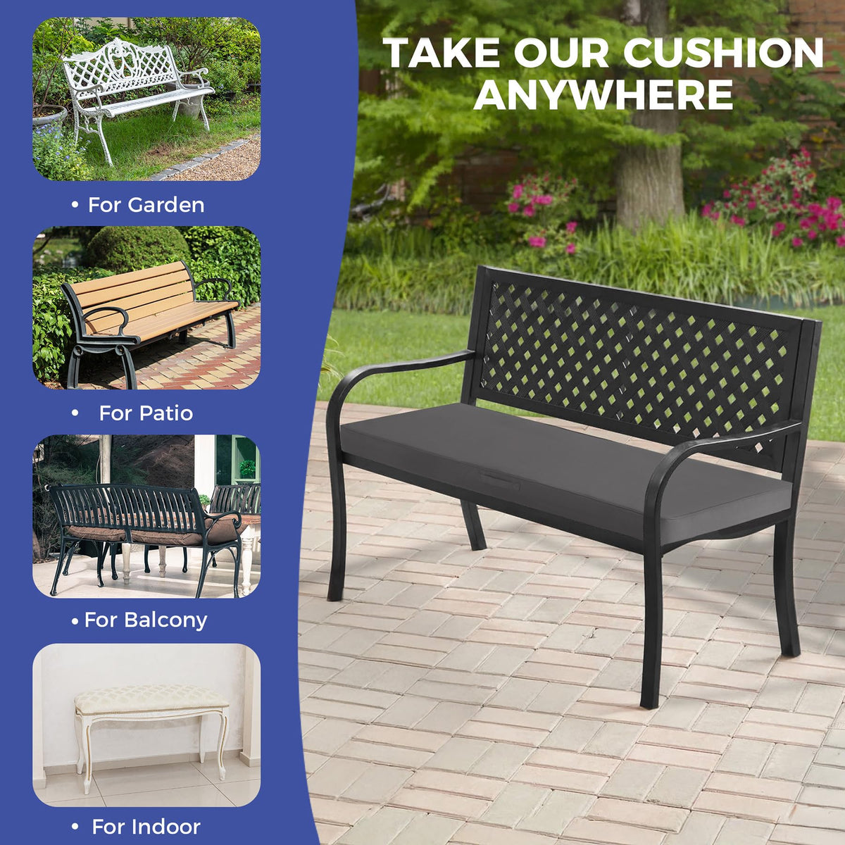 IPYNBAP dark grey bench cushion on patio enhances indoor-outdoor versatility.