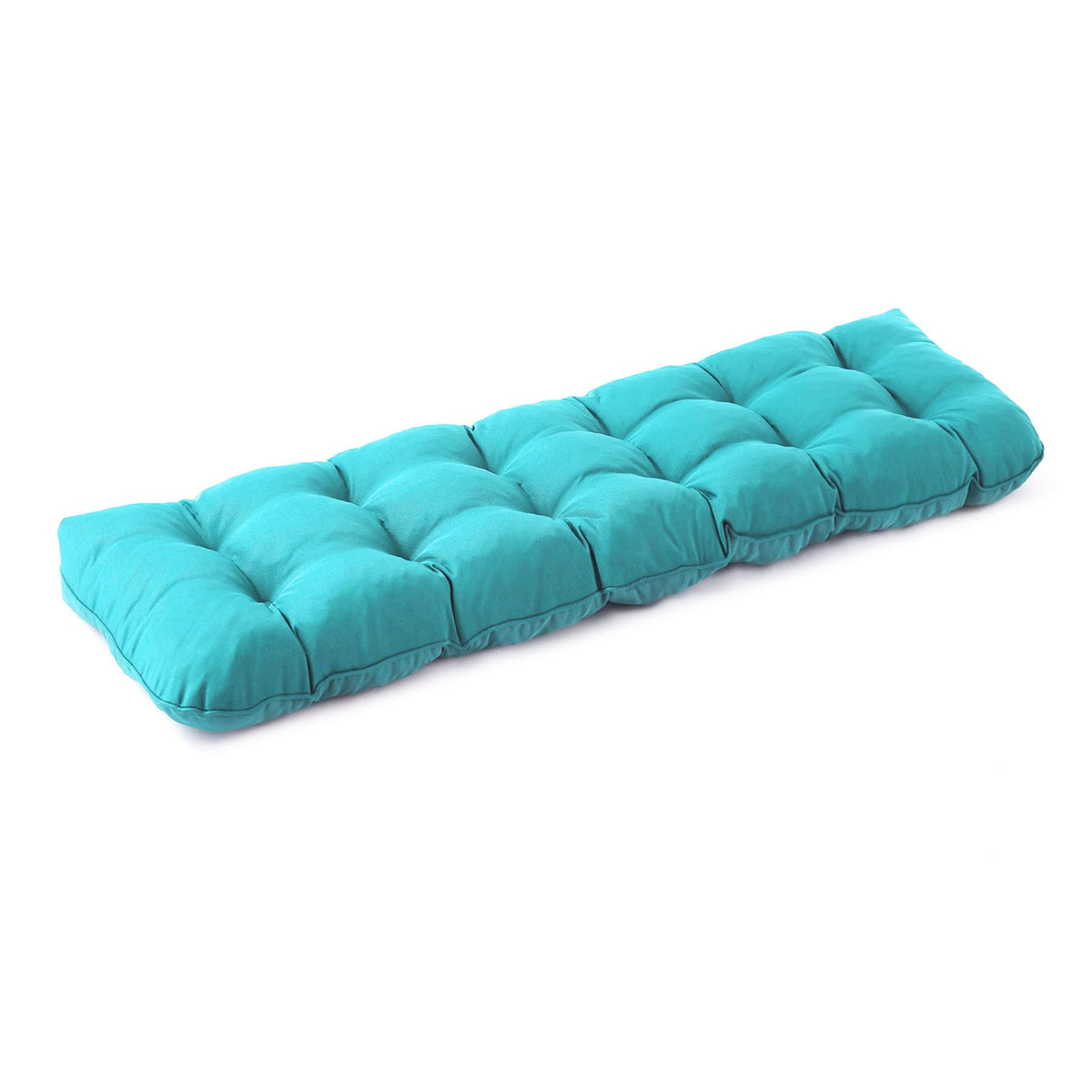 IPYNBAP outdoor bench cushion in teal blue, front view showing size and comfort-ready surface.