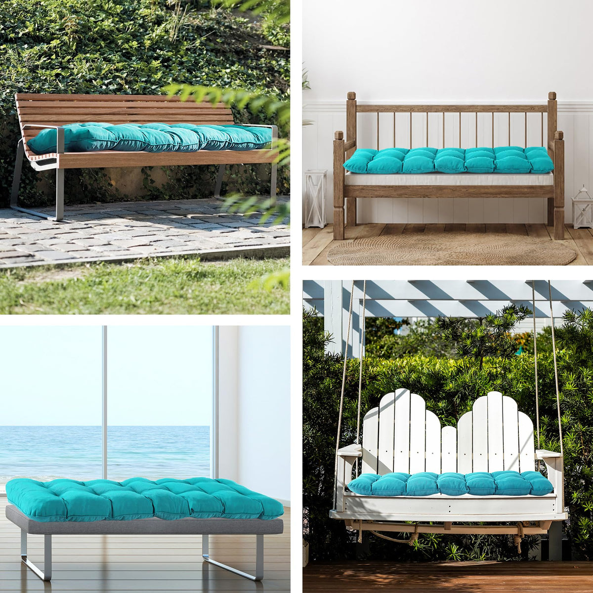 IPYNBAP teal bench cushion packaging is vacuum-sealed, note 24-hour fluffing guidance.