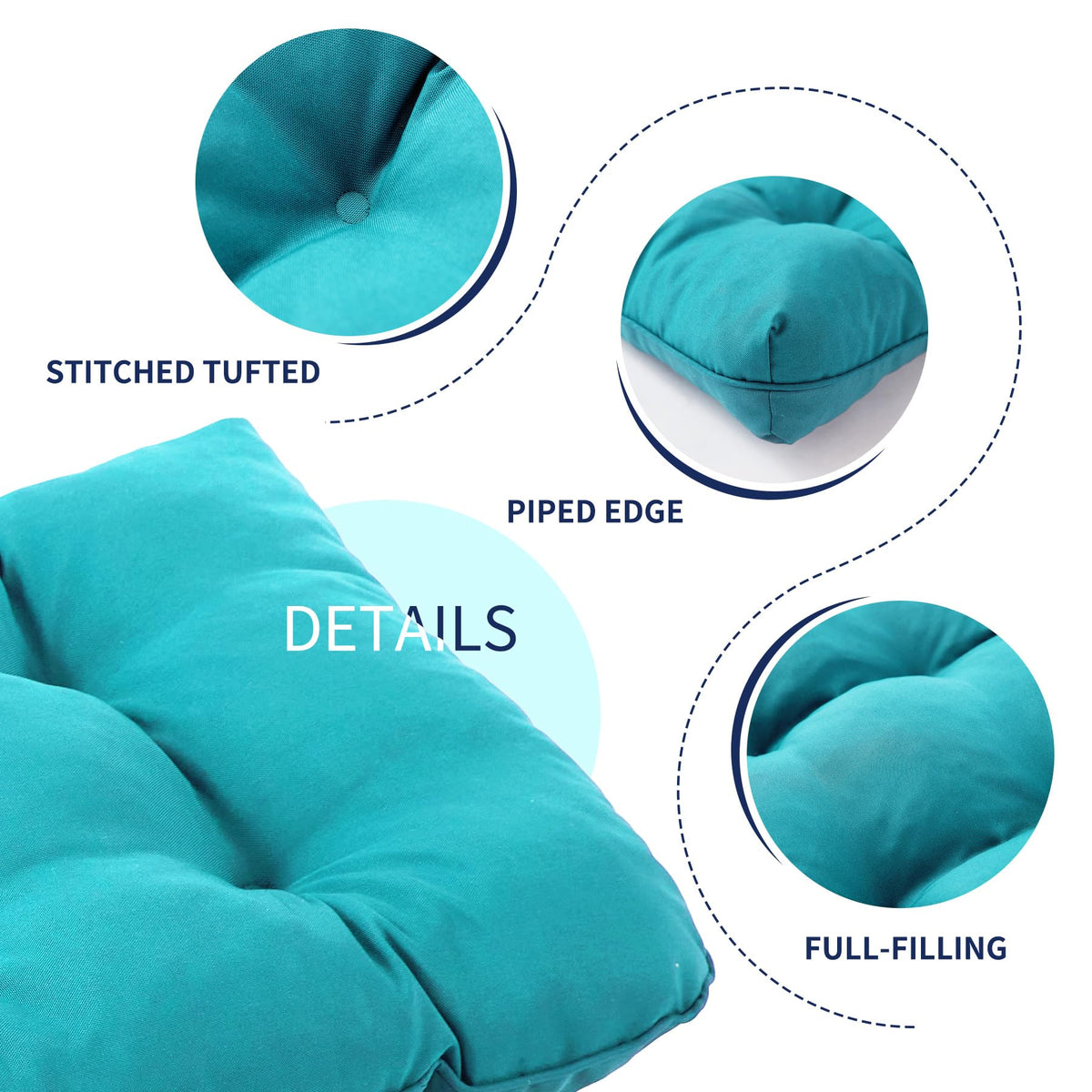 IPYNBAP teal cushion with waterproof layer close-up, ready for outdoor rain.