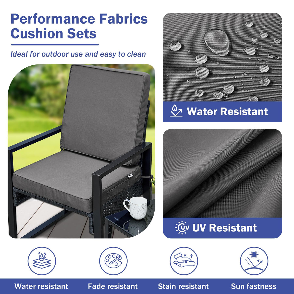 IPYNBAP cushions feature attached ties to secure on outdoor furniture.