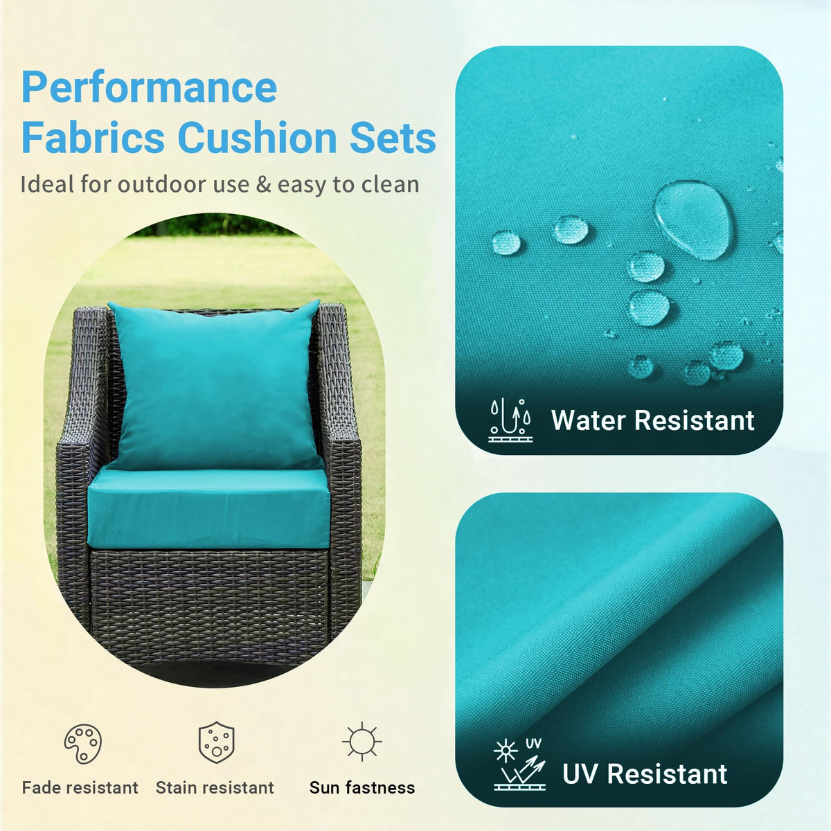 IPYNBAP teal cushion fabric showing waterproof performance