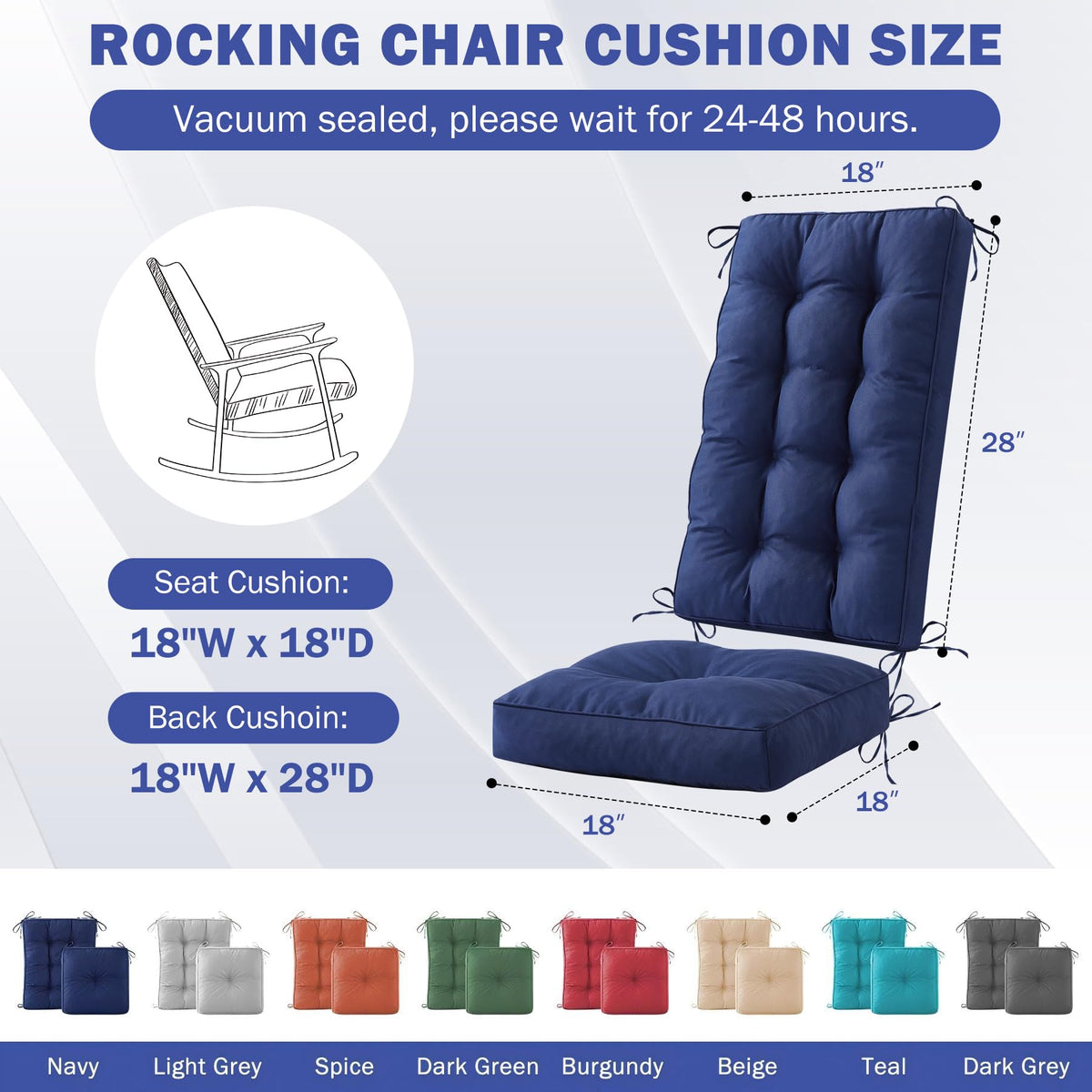 IPYNBAP rocking chair back cushion 28x18 in navy, waterproof design