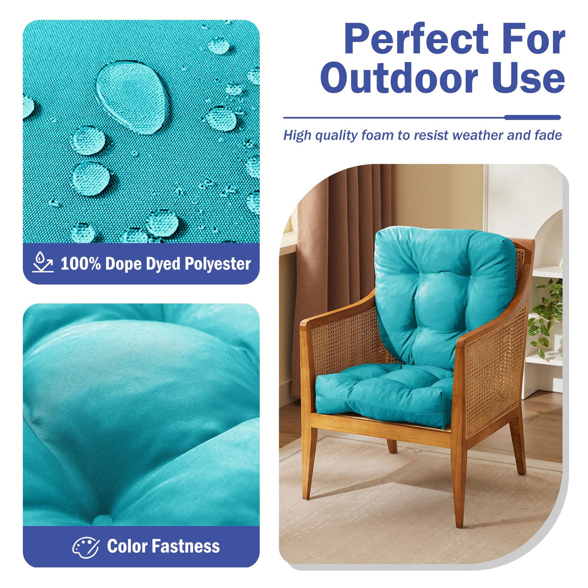 IPYNBAP teal cushions with two side straps stay secure on chairs.