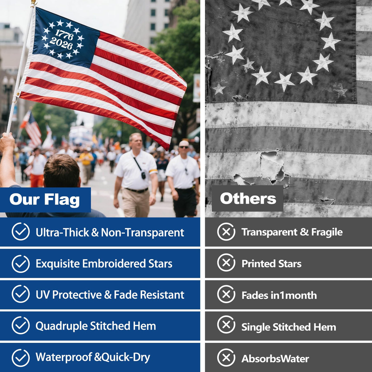 irbrisu flag sewn stripes detail with reinforced header for wind resistance