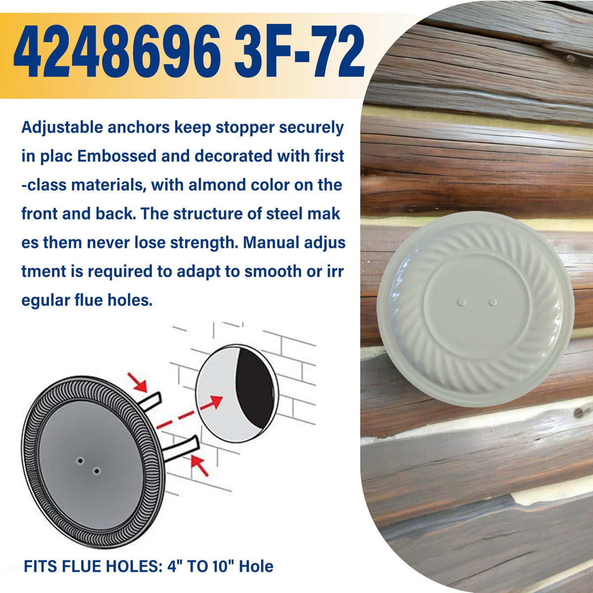 Irnyso almond flue hole cover on wood fireplace adds tidy, finished look.
