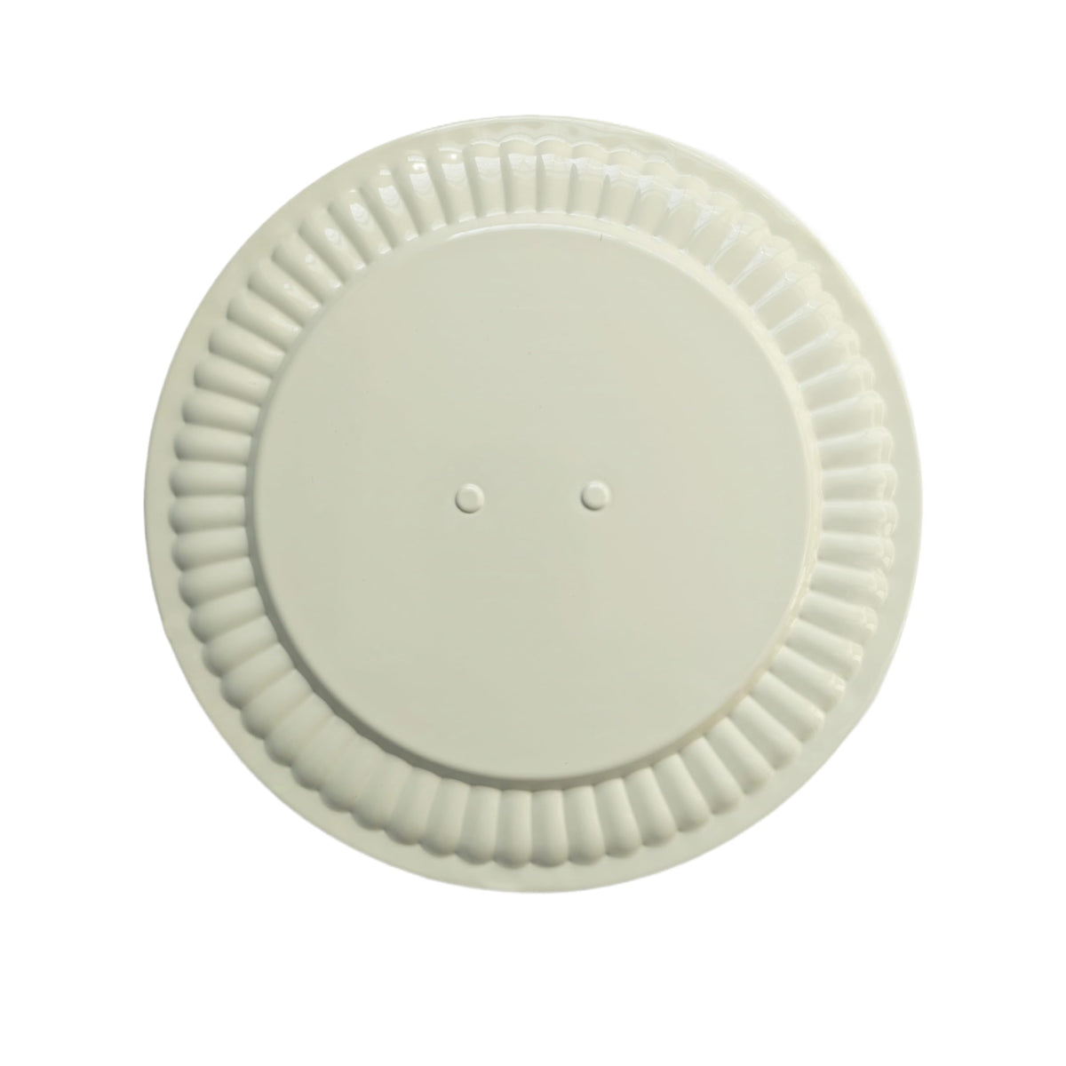 Irnyso metal white flue hole cover, front view, enhances fireplace aesthetics.