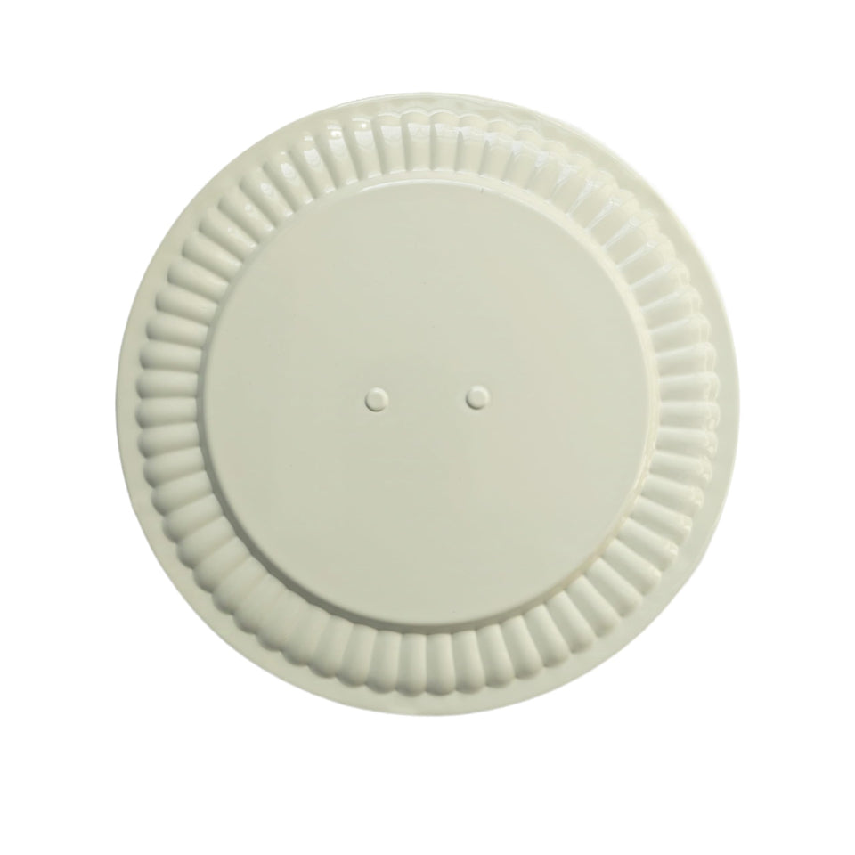 Irnyso metal white flue hole cover, front view, enhances fireplace aesthetics.