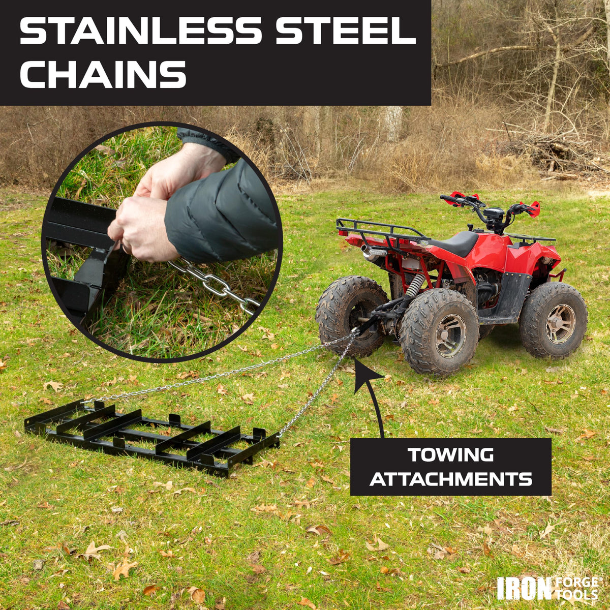 Iron Forge Tools drag harrow weight tray enabling deeper leveling in tough patches