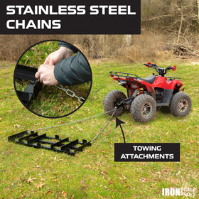 Iron Forge Tools drag harrow weight tray enabling deeper leveling in tough patches