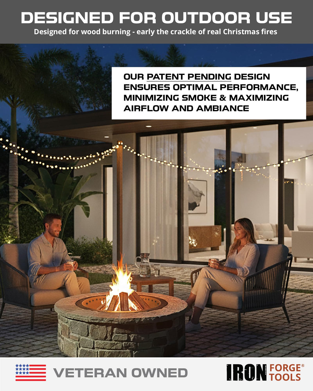 Iron Forge Tools smokeless fire pit ring showing efficient burn and reduced smoke
