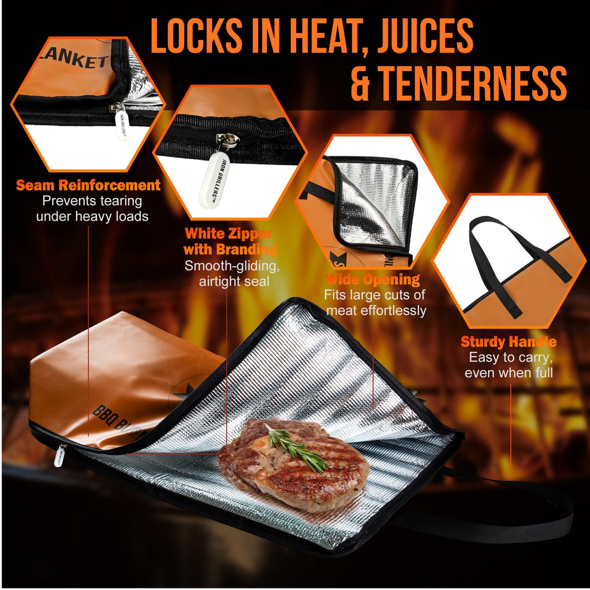 Iron Grillers 24in Leather BBQ Blanket leak-proof seam emphasizes secure juice containment