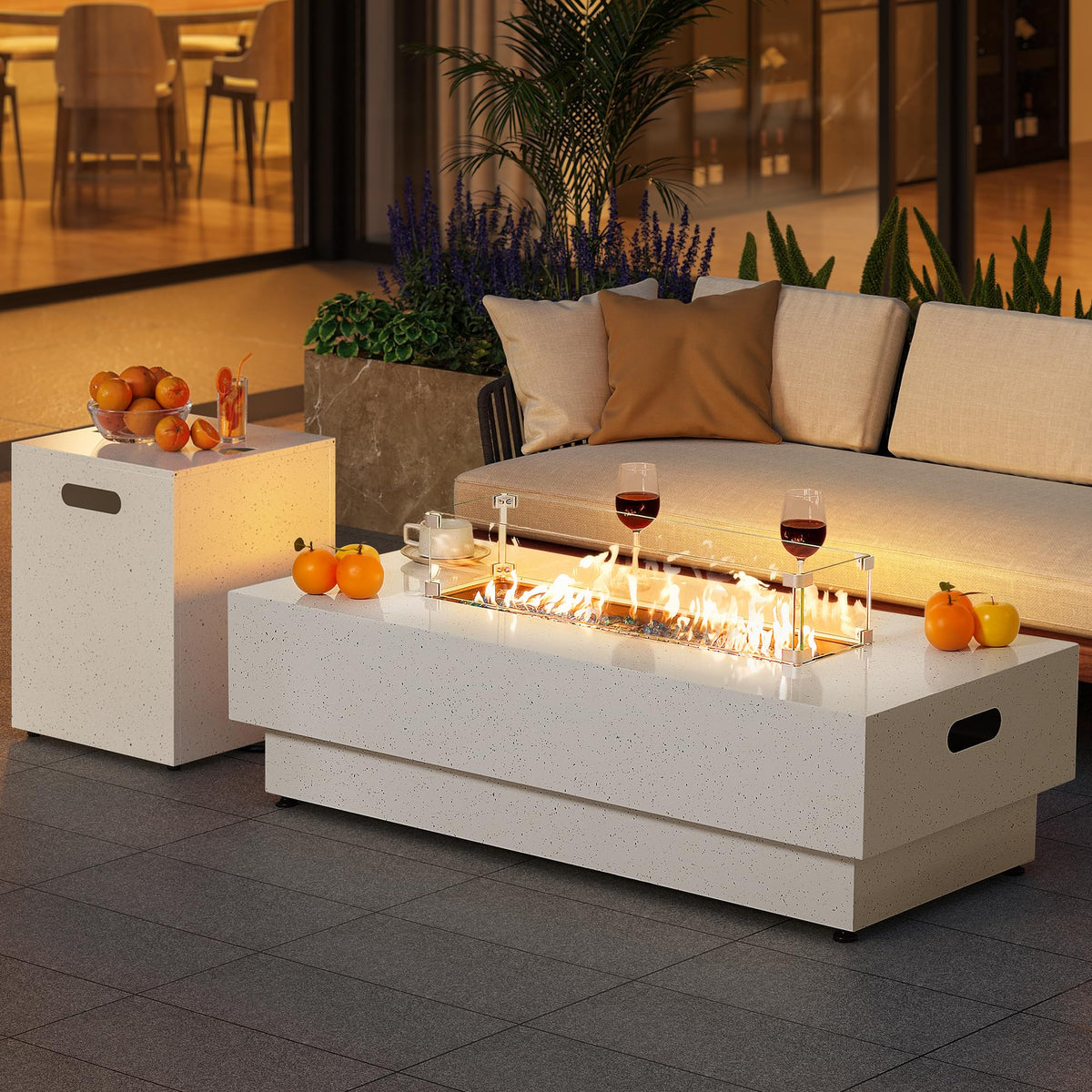 IRONCK crystal-clear flames illuminate the patio as a centerpiece.