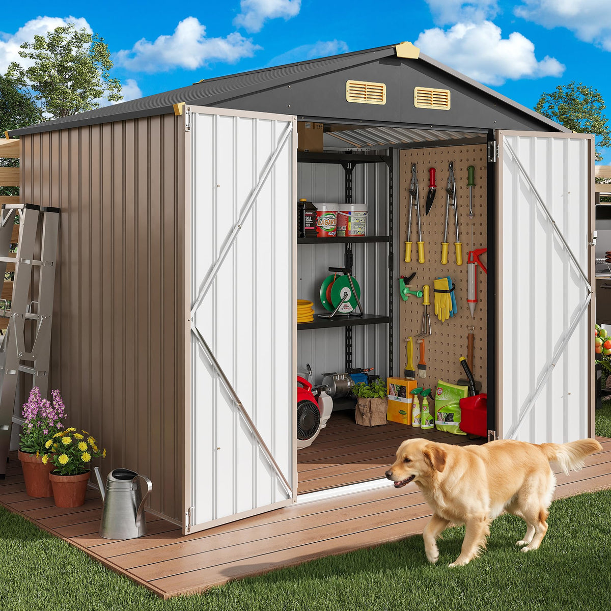 IRONCK outdoor shed front view with doors, ideal for bikes and tools storage.