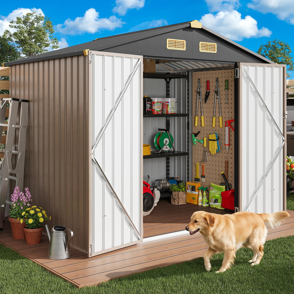 IRONCK outdoor shed front view with doors, ideal for bikes and tools storage.