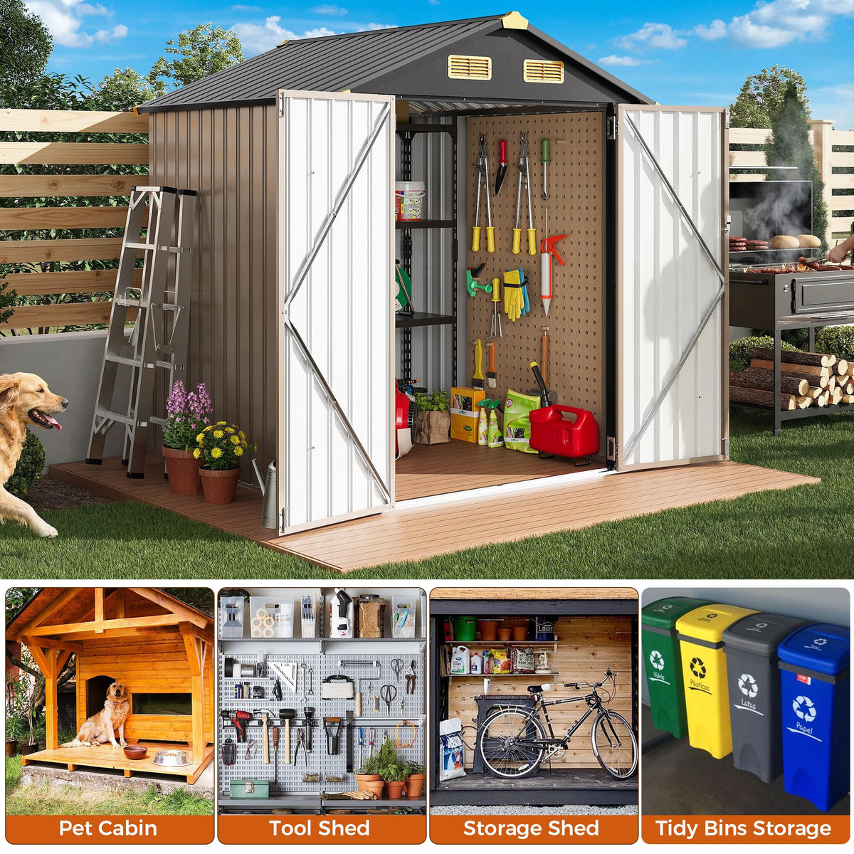 IRONCK shed interior arranged for garden tools and gear.