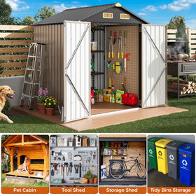 IRONCK shed interior arranged for garden tools and gear.
