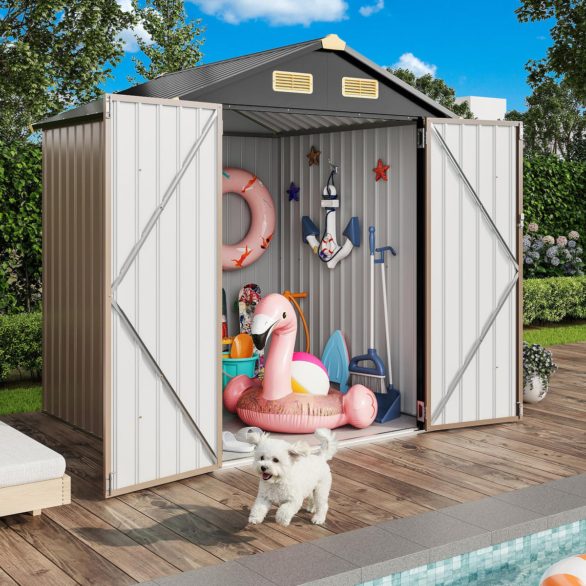 IRONCK shed side view showing compact footprint for patio organization.