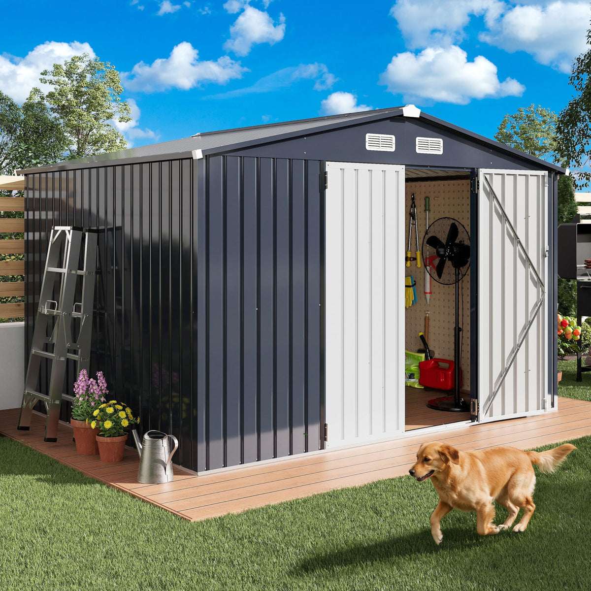 IRONCK storage shed front view with dual doors for easy access