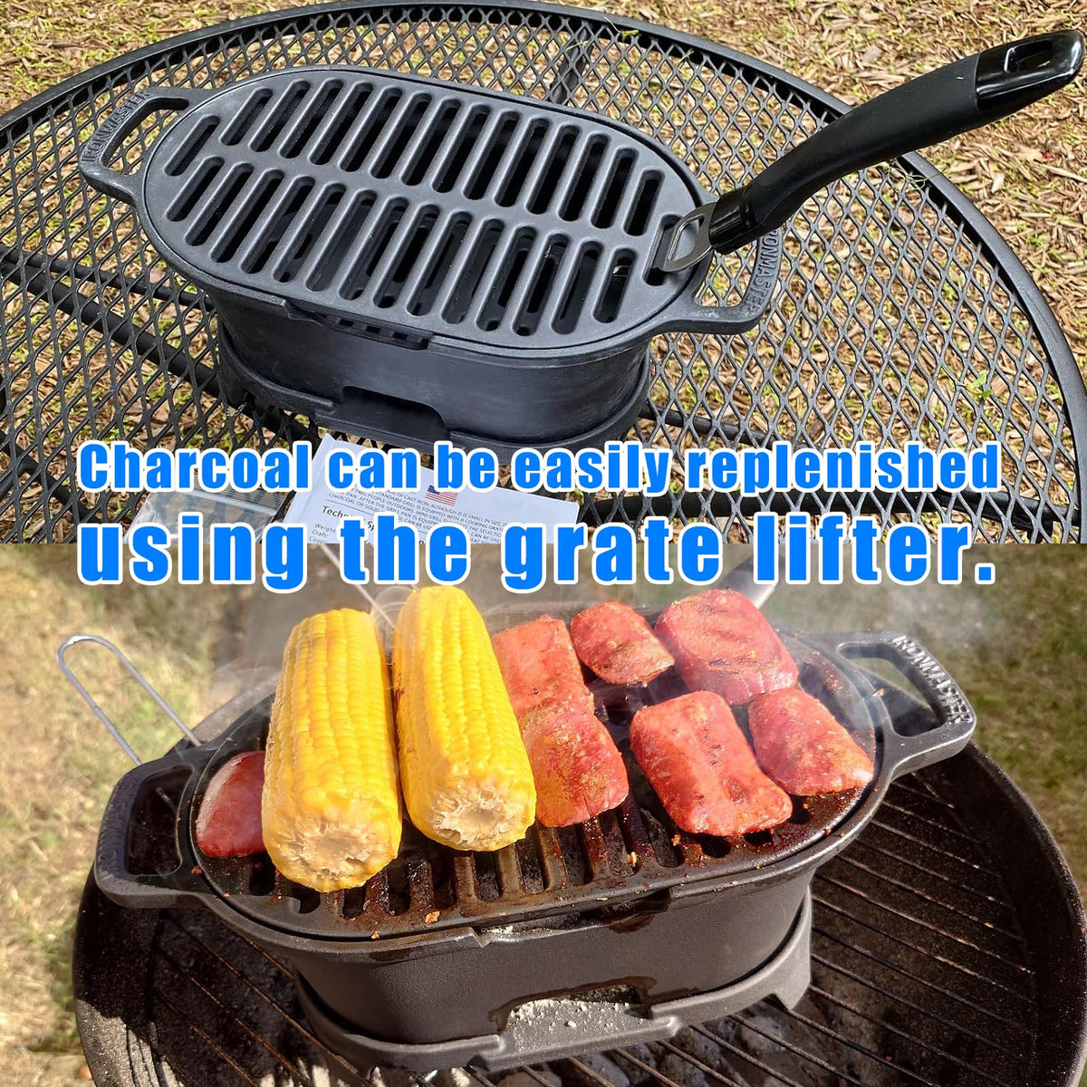 Close-up of IRONMAX cast-iron grate showing even heat.